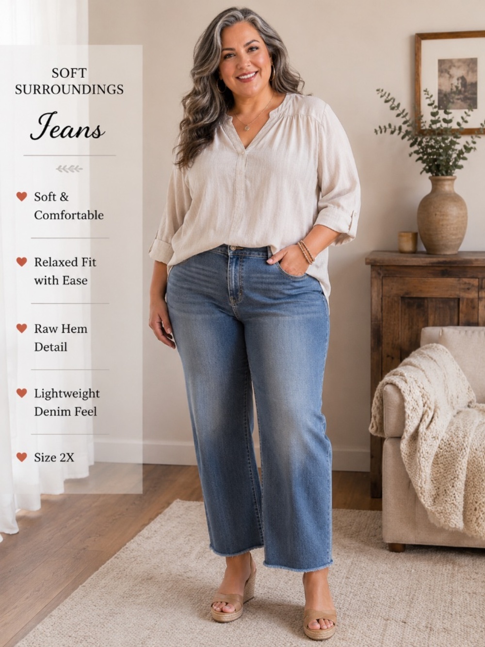 Soft Surroundings Pull-On Crop Jeans 2X Raw Hem Stretch Denim Blue